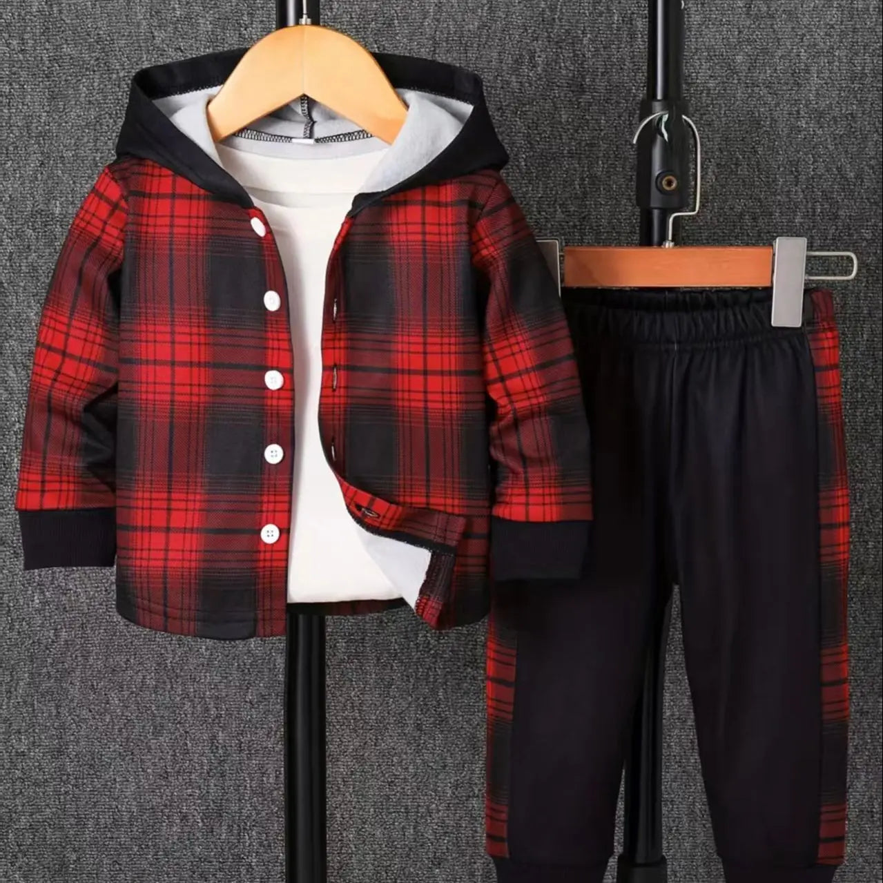 Spring Autumn Plaid Print Baby Boy Long Sleeve Hooded Fleece Lined Shirt Color Block Pants Two-Piece Casual Outfit for Toddlers