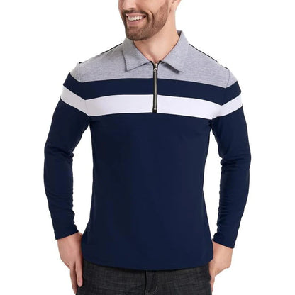 Men's Long Sleeve Striped Polo Shirts 1/4 Zip Cotton Patchwork Collared Shirt Casual Fashion Pullover Slim Fit Golf Shirt