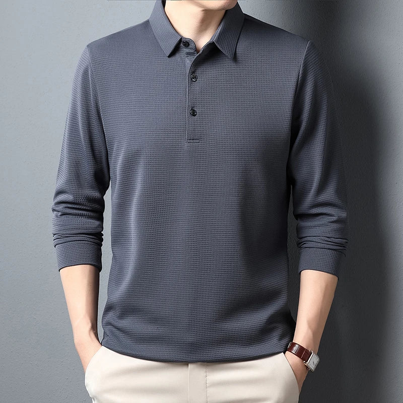 New Men's Business Fashion Casual Long Sleeved Shirt Solid Color Polo Shirt Fashionable Breathable Comfortable Versatile Top