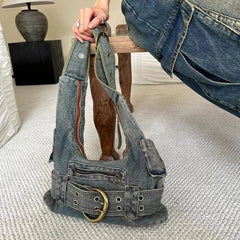 Trendy Women Vintage Denim Punk Shoulder Bag Y2k Streetwear Grunge Handbag