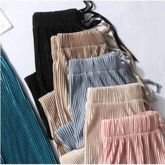 Women Fashion Summer Wide Leg Pants Pleated Ice Silk Trousers Elastic Waist Pants