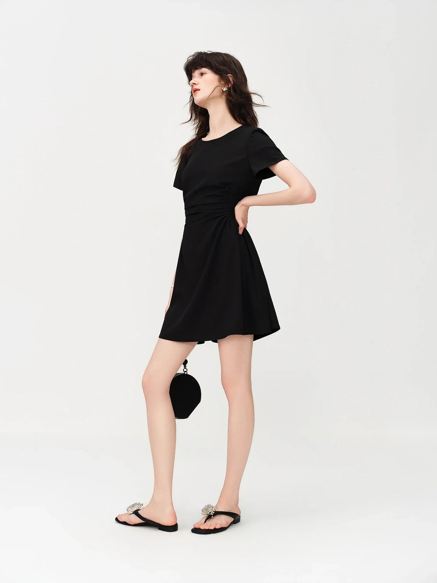 FSLE 2026 Summer Women's Black Midi Dress, Crew Neck Short Sleeve Waist-Cinching Slim Fit Black Dress for Chic Minimalist Style
