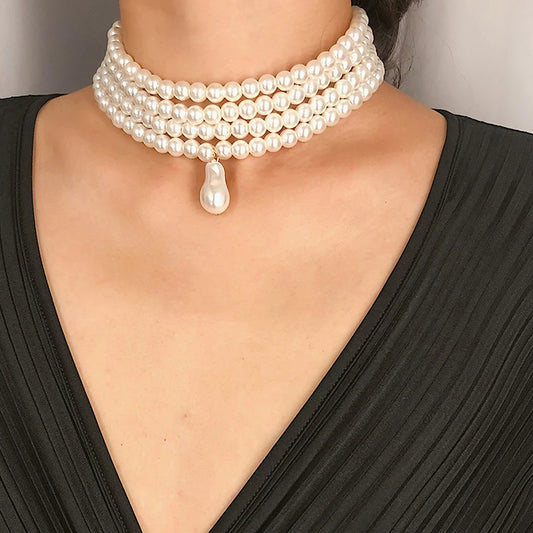 Classic Layered Strand Round Pearls Beads Collar Choker Necklace For Women Irregular