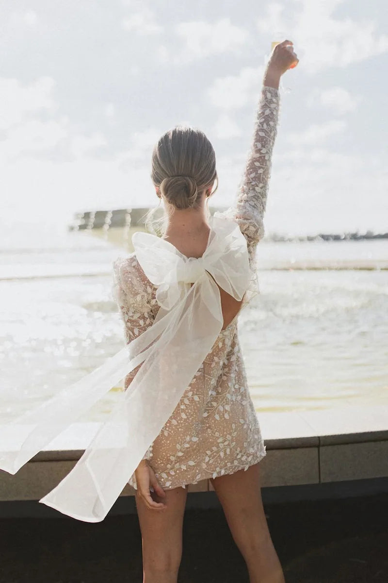 White Bridesmaid Dresses: Wedding Dresses Long Sleeves With Bow Mini Backless