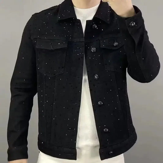 Jeans Coat For Men Button Casual Slim Short Denim Jackets Man Diamond Black Japanese