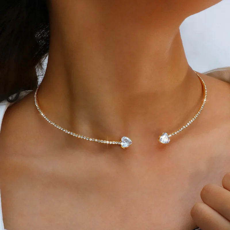 Fashion Rhinestone Heart Collar Choker Necklace For Women Simple Open Collar