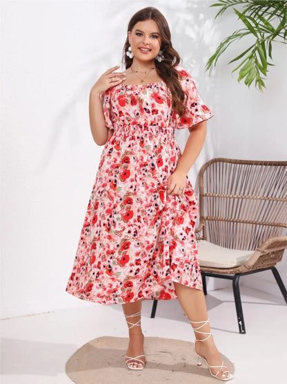 Plus Size Pink Summer Square Collar Midi Dress Women Flower Floral Fashion Ruffle Pleated Ladies Dresses Loose Woman Dress