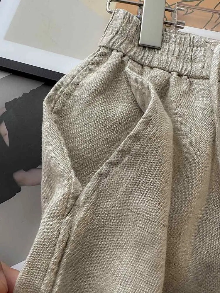 Japanese Simple Solid Color Pure Cotton Linen Casual Versatile Straight Elastic Waist Shorts Women's Middle Pants