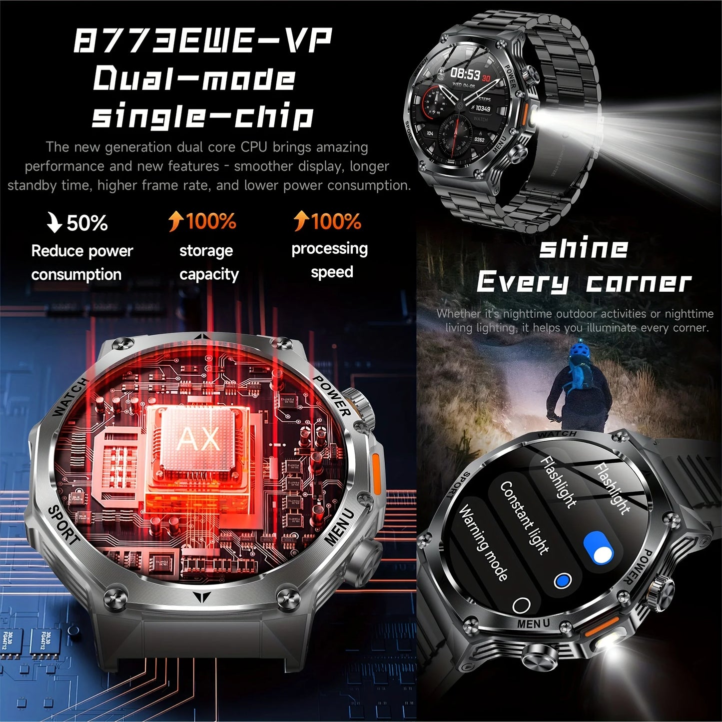 Rugged Outdoor Sports AK82 Smartwatch 1.85" HD Touchscreen 800mAh Long Battery Life Fitness Tracker Calorie Distance Smart Watch