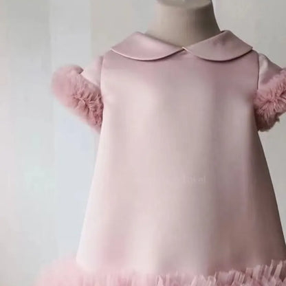 Baby Girl Princess Silk Mesh Dress Short Sleeve Infant Toddler Vestido Peter Pan Collar Party Pageant Birthday Frocks 1-12Y