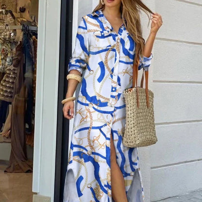 Women Long Sleeve Shirt Dress Spring Autumn Casual Boho Printed Dresses Fashion Vestido Single Breasted Button Party Female Maxi