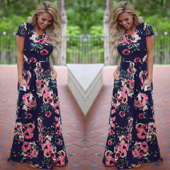 Pink Floral Print Boho Beach Dress Ladies Evening Party Long Dress Sundress