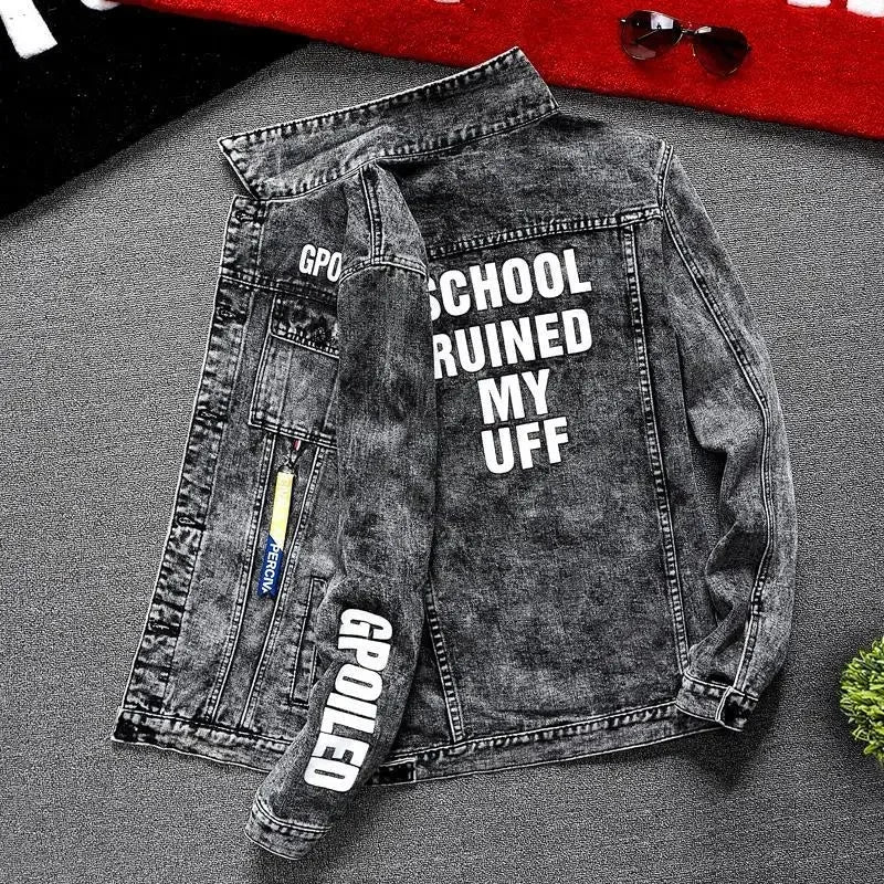 Jeans Coat for Men Hip Hop with Print Ripped Button Black Hole Denim Jackets