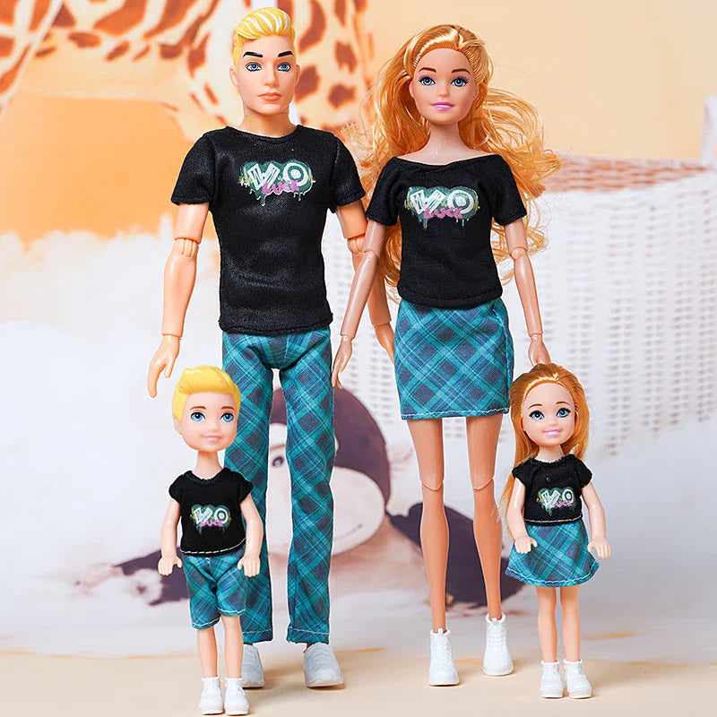 1/6  FamilyDoll Toy Set of 4 People Mom Dad Kids 30cm Barbies Doll Full Set With Clothes for Education Birthday Gift