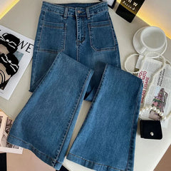 Classic High Waist Flare Jeans Women Vintage Pockets Stretch Slim Straight Trousers