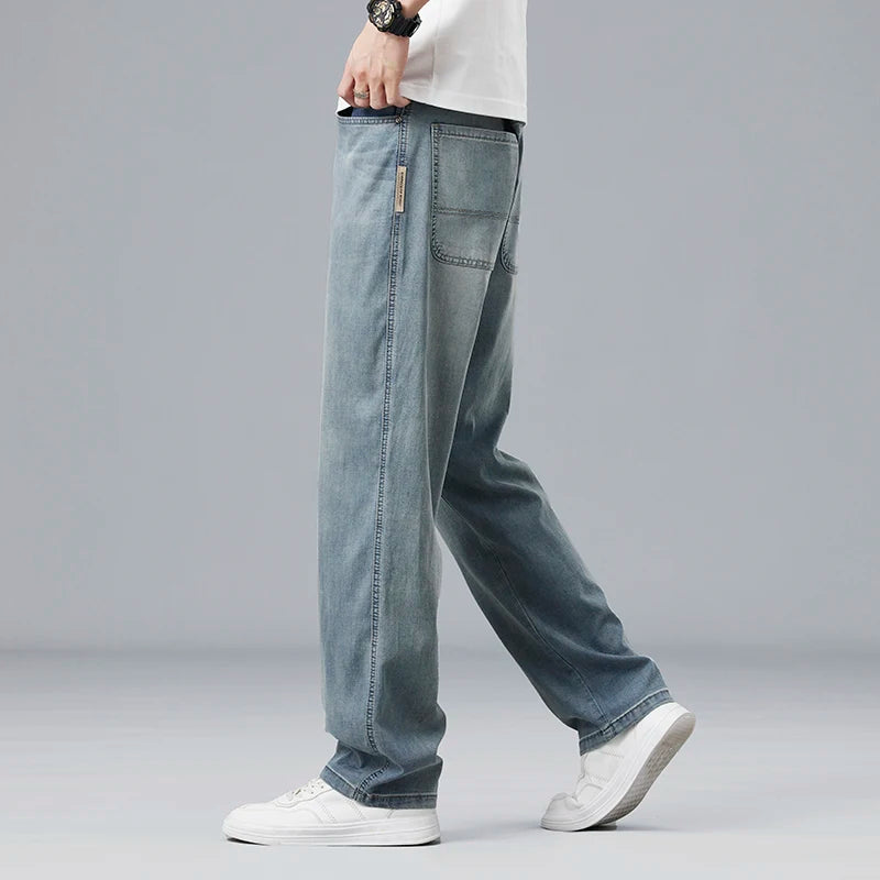 Lyocell Men's Jeans Drape Soft Fabric Loose Straight Casual Denim Pants
