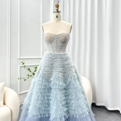 Blue Ombre Tiered Ruffles Evening Dresses Luxury Dubai Ball Gown