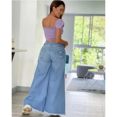 Straight Pants Ladies Ripped Jeans High Waist Loose Wide Leg Pants