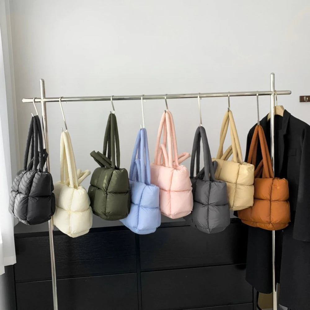 Women Retro Checkered Quilted Shoulder Bag Solid Color Winter Soft Handbags