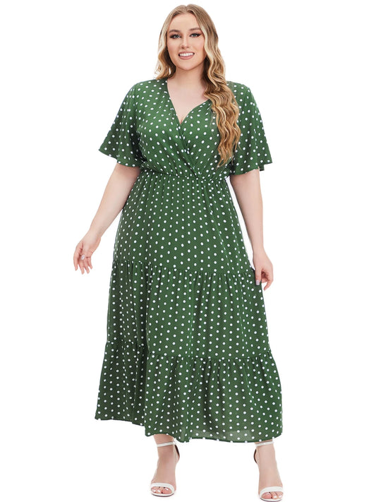 Plus Size Polka Dot Print Surplice Neck Short Sleeve Tee Ruched Bohemian Dresses For Women