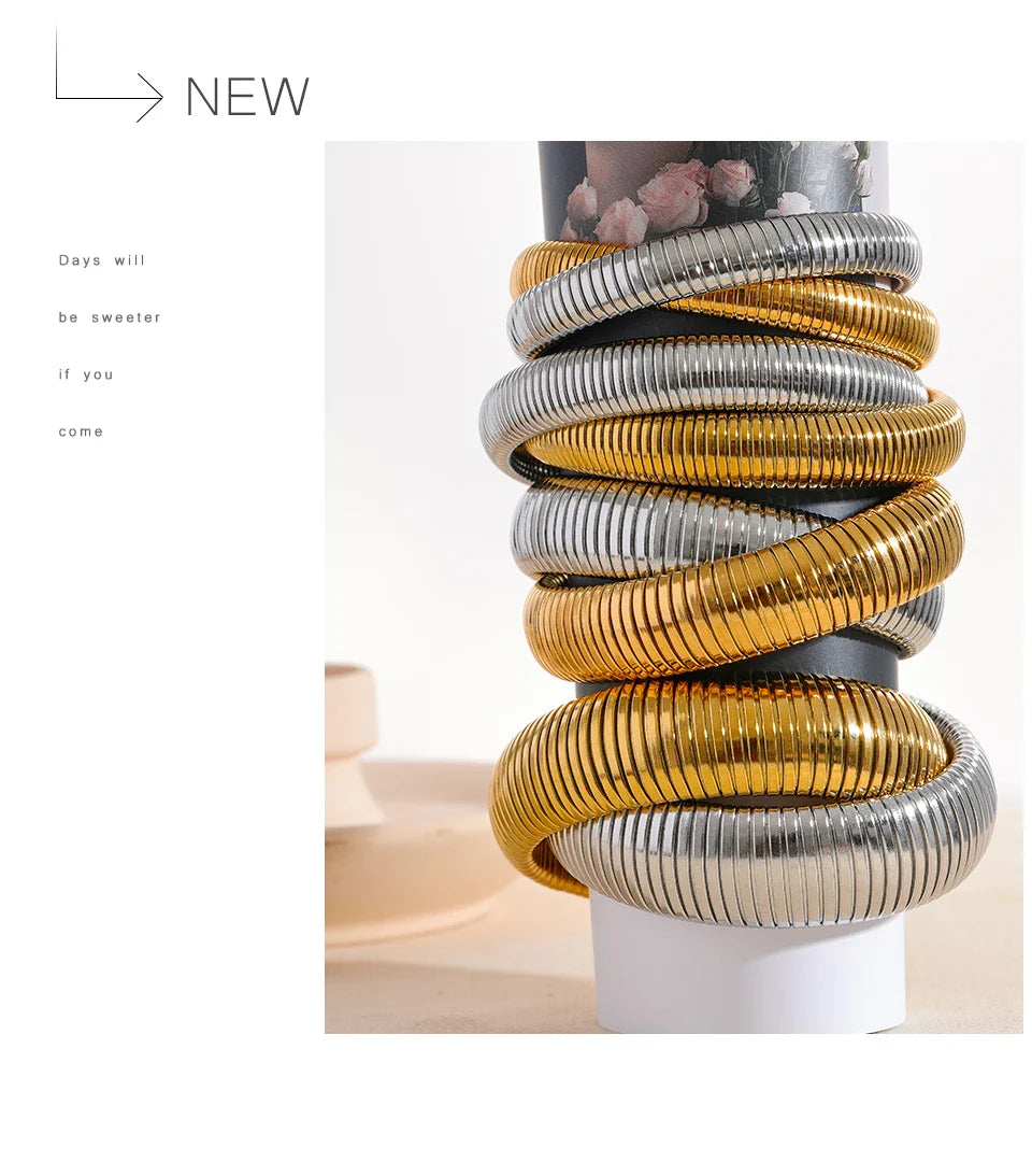 Yhpup Waterproof Stainless Steel Elastic Thick Metal Punk Bracelet Bangle 18K Gold Plated Fashion Women Trendy Jewelry Bijoux