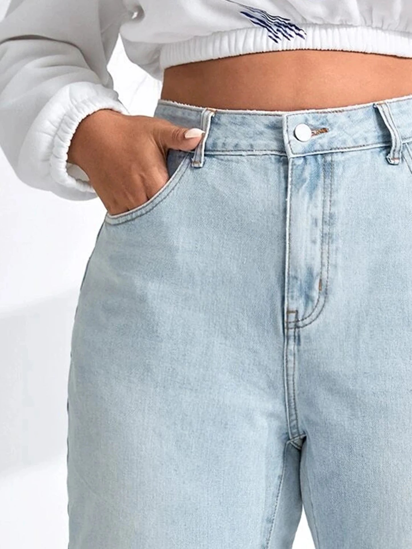 Plus Size Tapered Women Jeans High Waist Light Bule Washing Full Length Jeans