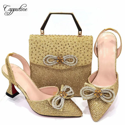 Peach Women Shoes Match With Bag Set African Ladies Pumps And Purse Handbag High Heels Sandals Escarpins Femmes Sandales CR920
