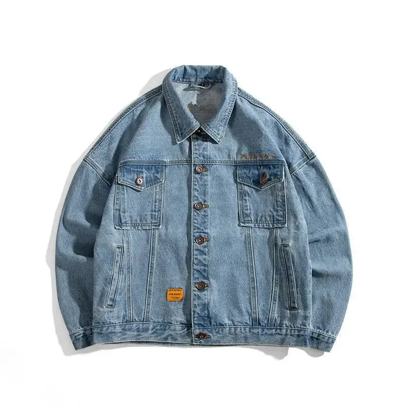 Men's Denim Jacket Blue Button Male Jean Coats with Embroidery Loose Big Size Worn
