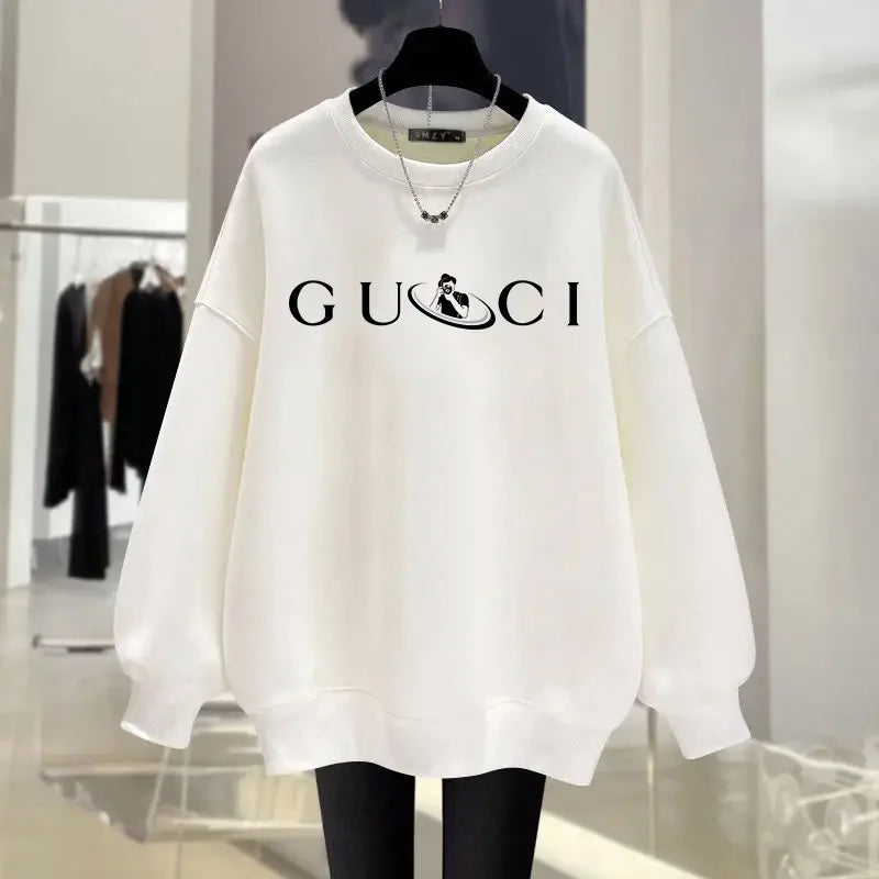 Women's O-Neck Hoodie Letter Printed Loose Long Sleeved Sweatshirt Woman Vintage