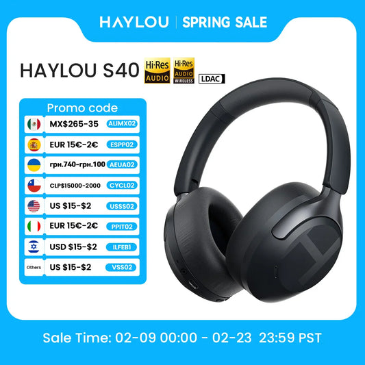 HAYLOU S40 ANC Wireless Headphone 50dB Noise Canceling Hi-Res 3D Spatial Audio Earphone with LDAC Bluetooth 6.0 Over Ear Headset