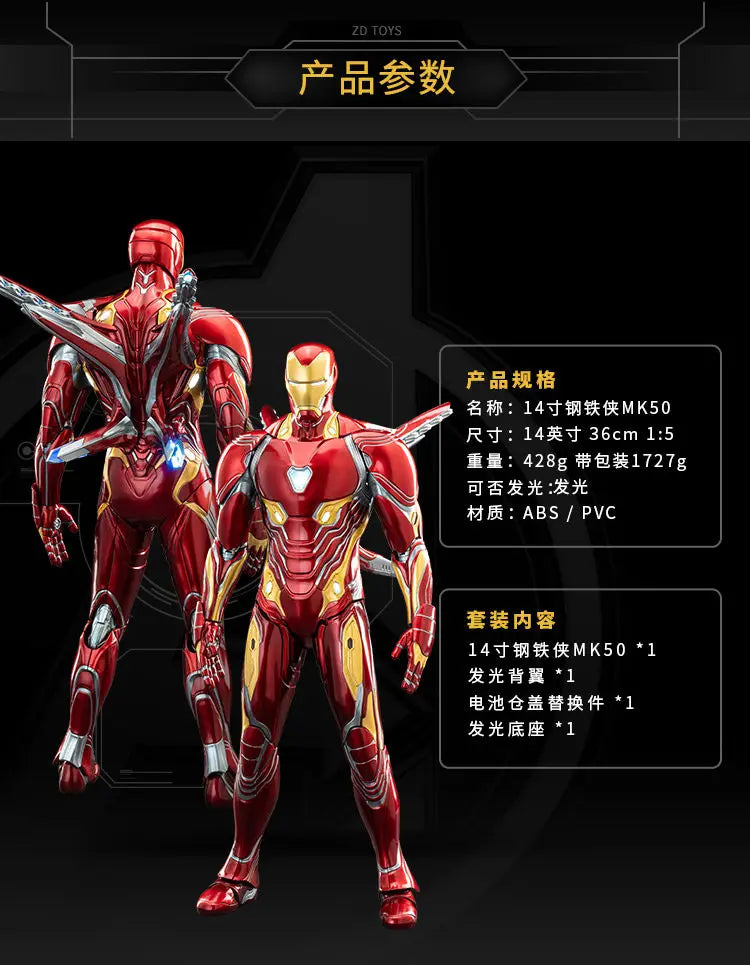 ZDTDS Original 1/5 36CM Iron Man MK50 MK3 LED lighting 10th Anniversary Memorial Collect Tony Stark Model Action Figure Gift