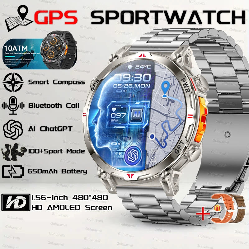 2025New Military GPS Sport Smartwatch Men 650mAh AMOLED Screen Compass Altimeter 10ATM Waterproof Heart Rate Wireless Call Clock