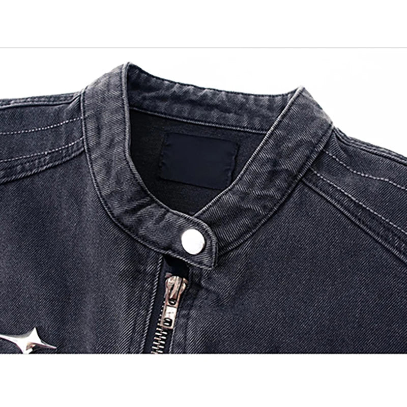 American Vintage Short Denim Jacket Men Woman Hip Hop Washed Metal Buckle Coats
