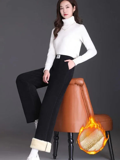 Warm Winter Straight Pants Women's Snow Plush Fleecing Thermal Stretch Lady