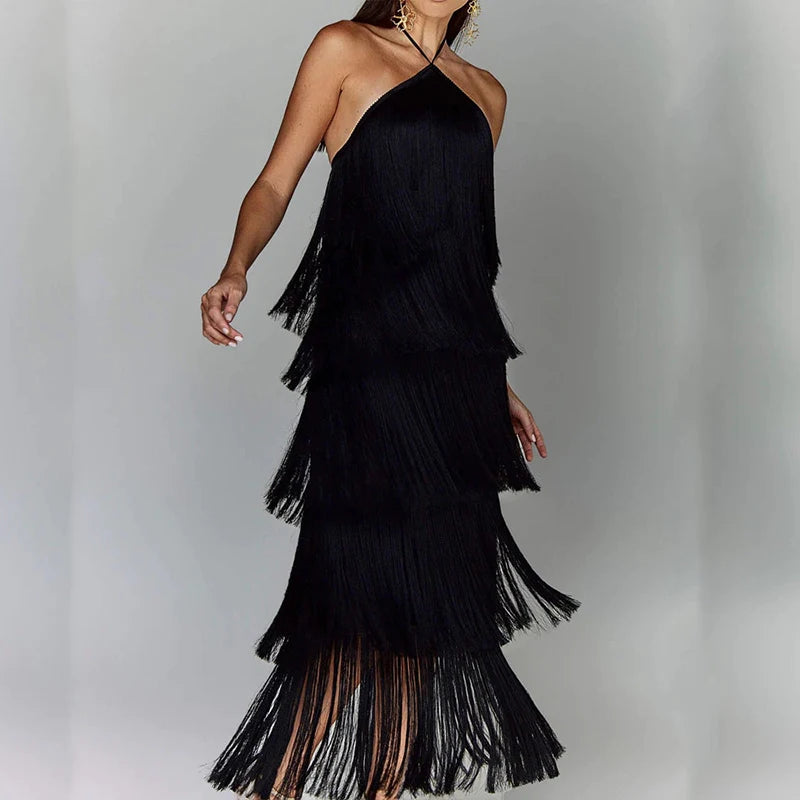 Fashion Layered Solid Color Dress Ladies Sexy Off-Shoulder High Waist Slim Dress Chic Club Party Fringed Sleeveless Long Dress