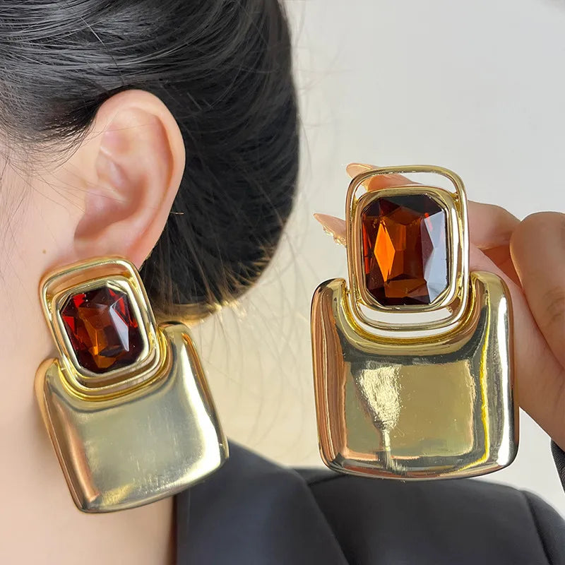 Vintage Exaggerated Metal Square Geometric Crystal Large Earrings for Women European American Personality Party Heavy Jewelry