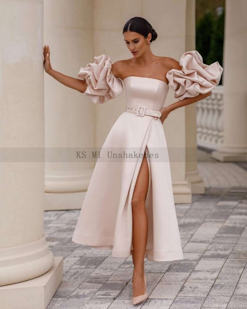 Wedding Dresses Detachable Puff Short Sleeve Bride Dress Split Side Satin