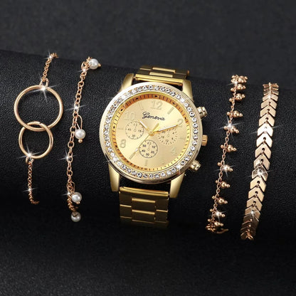 5PCS/Set Fashion Rhinestone Women's Watch Alloy Band Analog Quartz Watches Bracelets Set Reloj Mujer Girls Clock