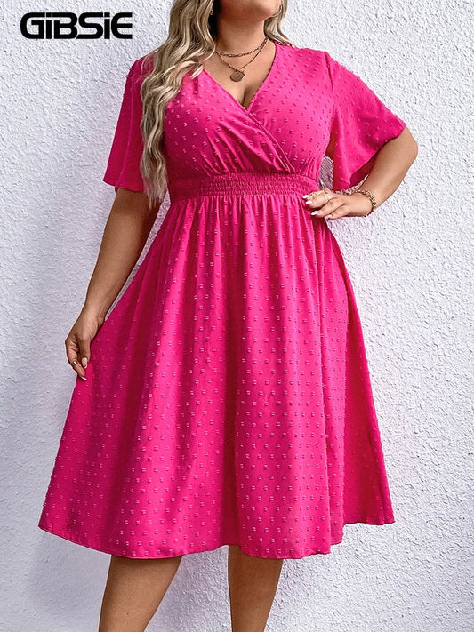 GIBSIE Plus Size Swiss Dot Surplice Neck Butterfly Sleeve Dress Women Casual Summer High Elastic Waist Solid Midi A-Line Dresses