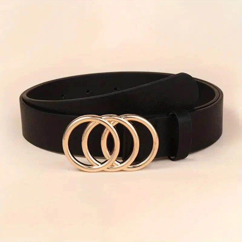 Golden Triple Ring Buckle Belts Simple Solid Color PU Leather Waistband Classic Jeans Pants Belt Dress Coat Girdle For Women
