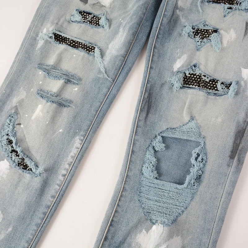 Men Crystal Skinny Stretch Denim Jeans Streetwear Holes Ripped Distressed Pants