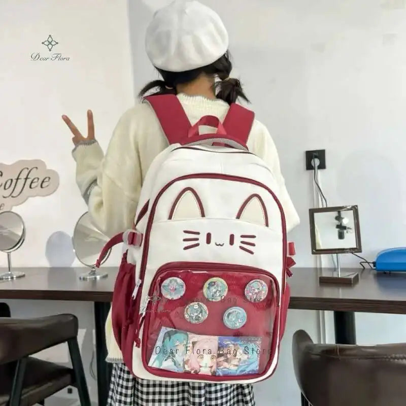 Y2K Cute Cat Ita Backpacks Large Capacity Knapsack Casual Girl Transparent DIY Display Rucksack Cartoon Trendy Travel Schoolbags
