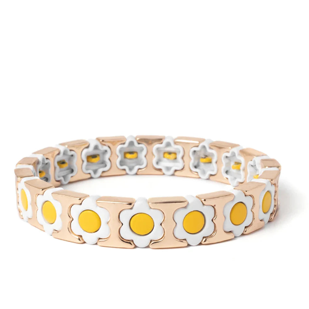 New Design Colorful Flower Charms Bangle For Women Handmade Bohemian Elastic Flower Bracelets Metal Beads Jewelry