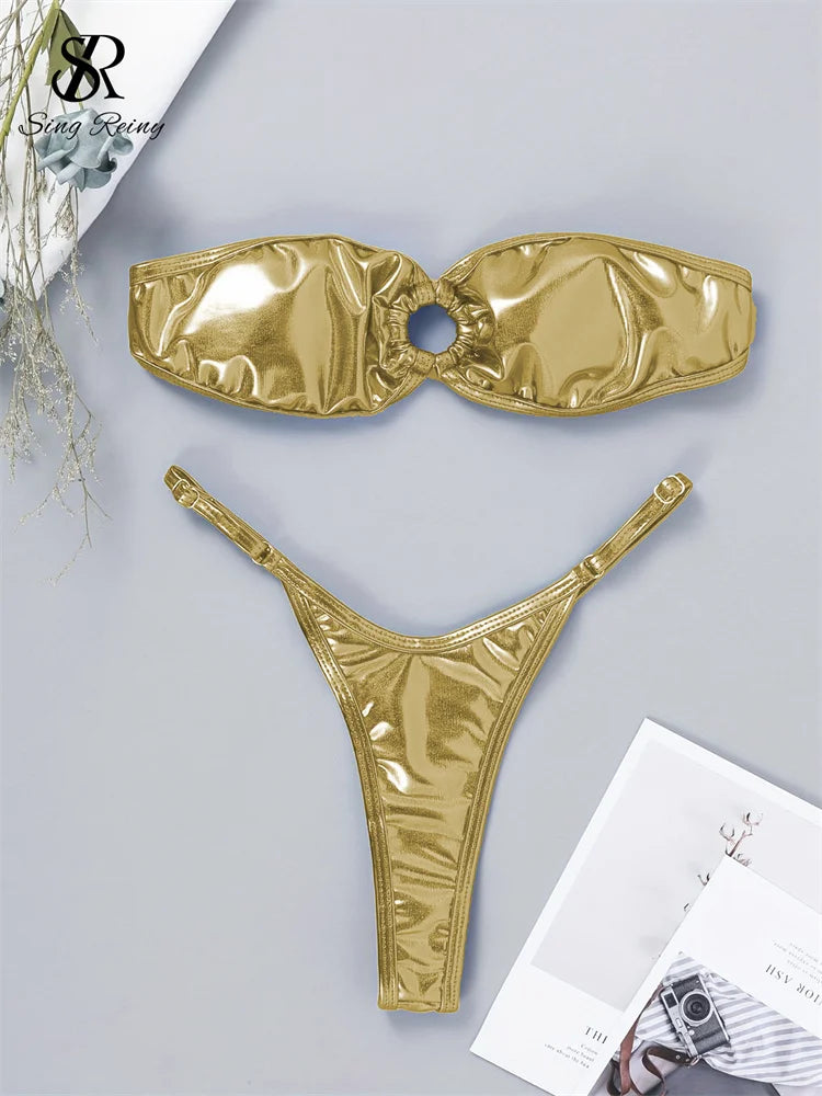 Sensual Shiny Solid Bikini Sets Female Lace Up Strapless Swimsuits Set