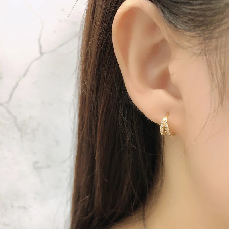 WANTME 925 Sterling Silver Fashion Luxury Shiny Double Layer Zircon Huggies Hoop Earrings for Women Plated 18k Gold Fine Jewelry