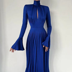 Casual Solid Pleated Women's Dresses Elegant Turtleneck Hollow Party Dress