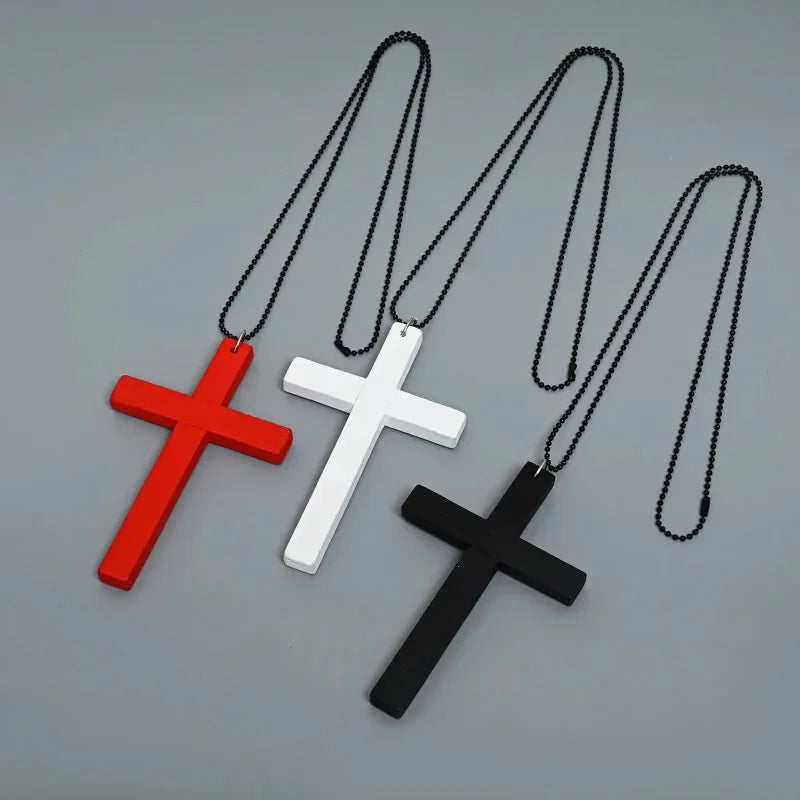 New Gothic Cool Y2K Wood Cross Pendants Necklaces Unisex Black White Red Hip Hop Charm Chain Choker Necklace Fashion Jewelry