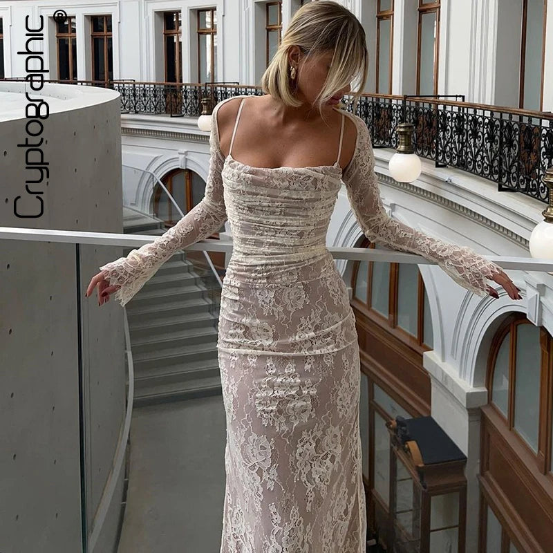 Maxi Dress: Hollow Out Lace | Long Sleeve Cape 2 Piece