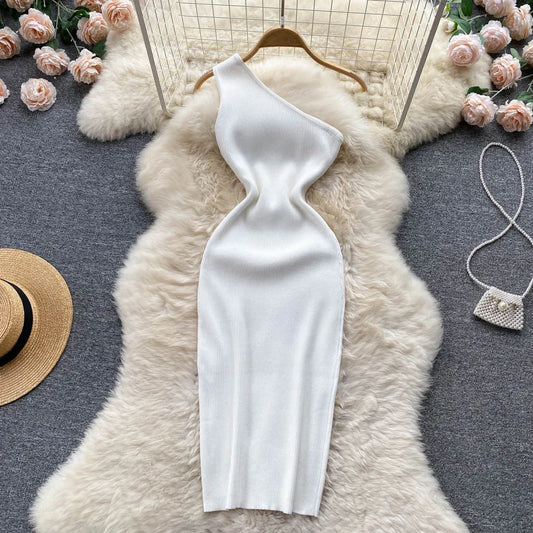 Fashion One Shoulder Knitted Bodycon Dress Lady Elastic