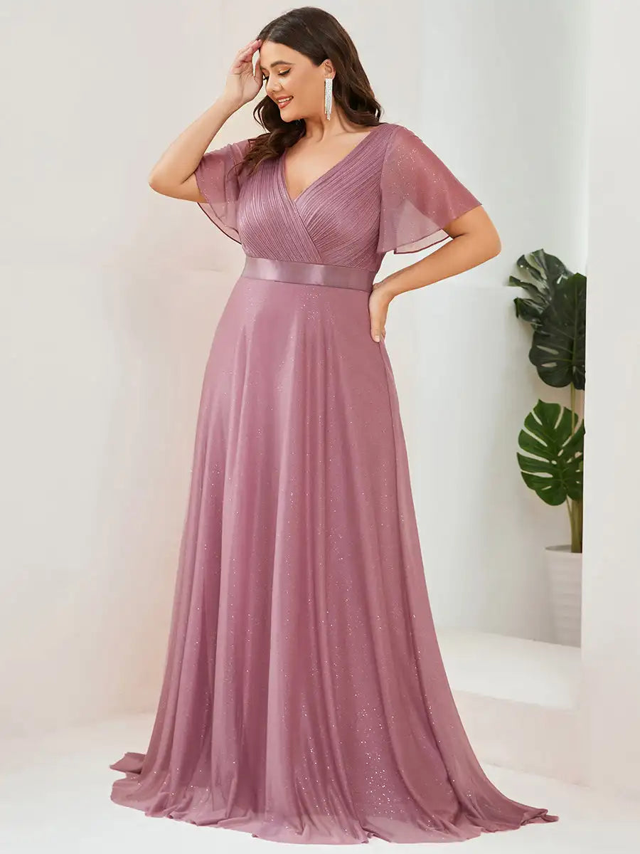Evening Dresses Ever pretty of Plus Size Deep V Neck Ruffles Sleeve Dress
